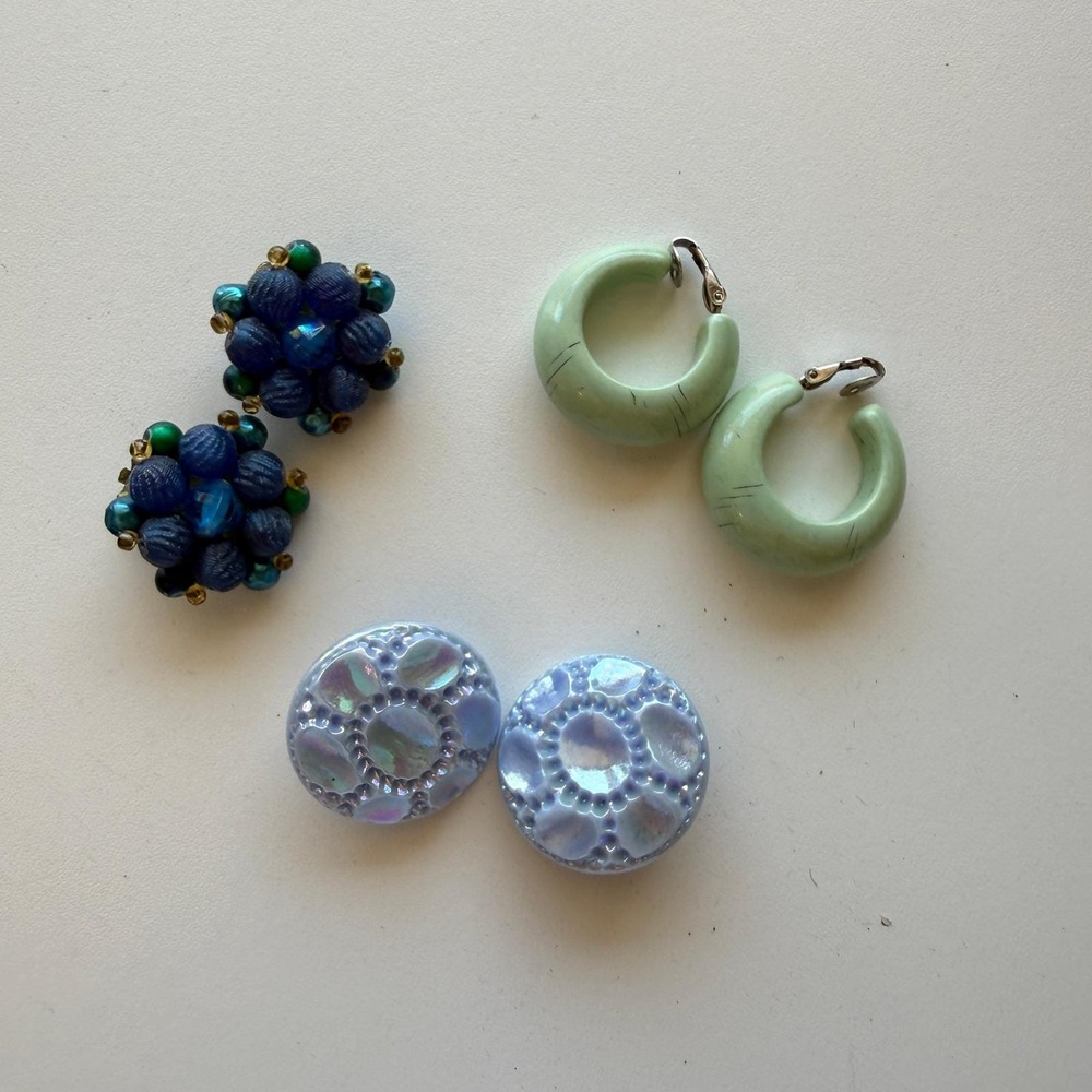 Vintage Clip On Earring Lot Germany Blue Beaded Cluster Green Hoop Lavender